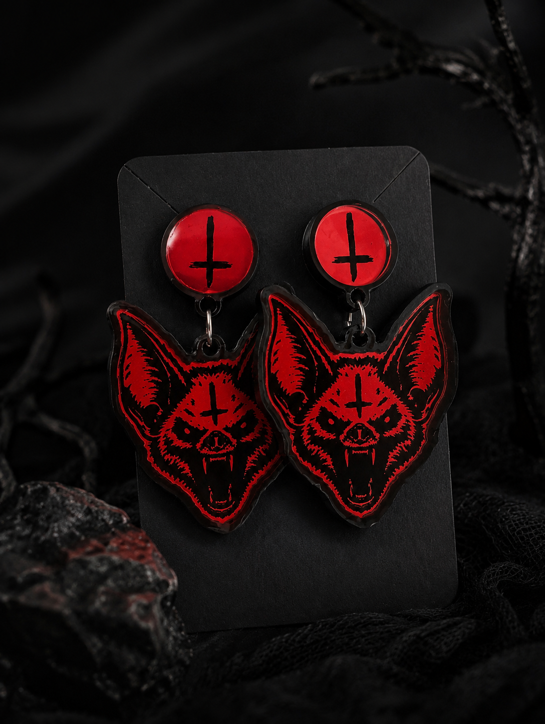 Red Bat Inverted Cross Earrings