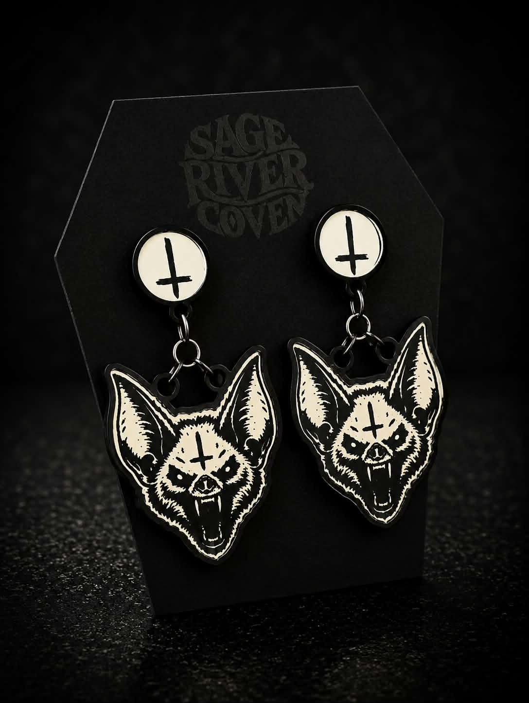 Silver Bat Inverted Cross Earrings
