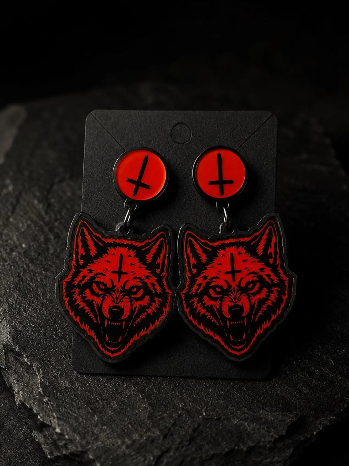 Red Wolf Inverted Cross Earrings