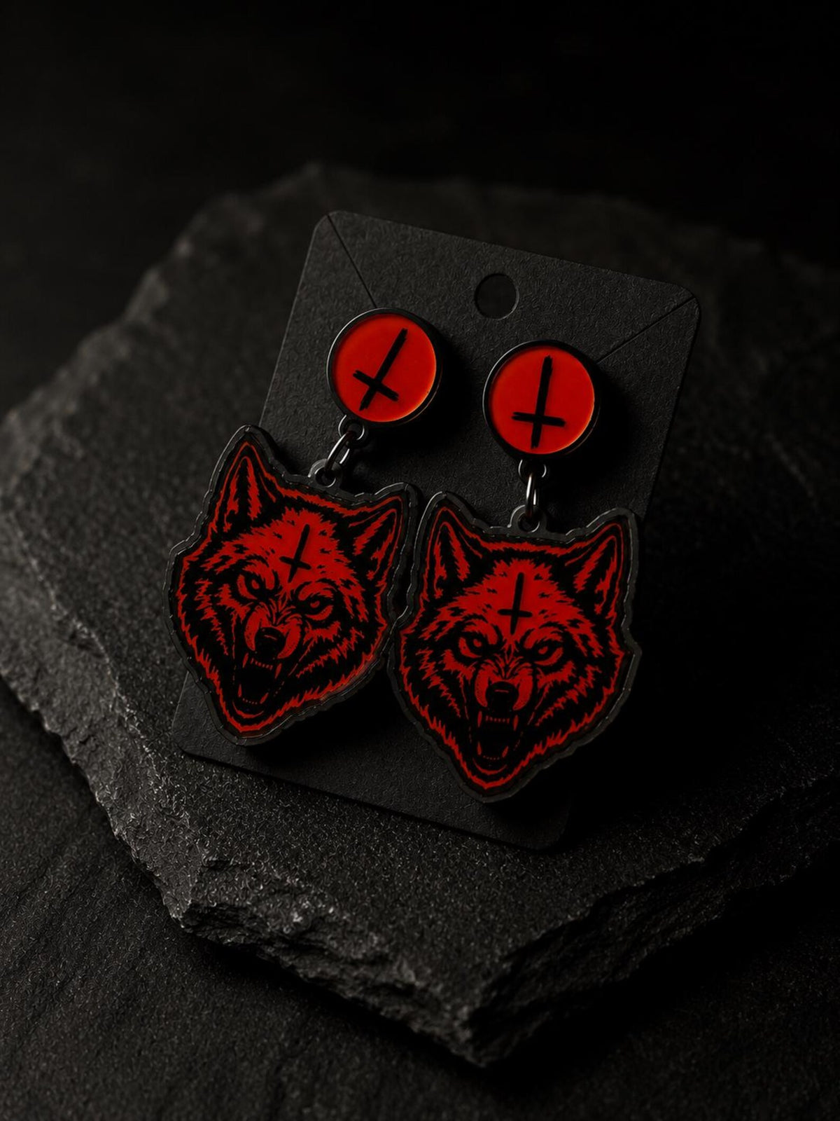 Red Wolf Inverted Cross Earrings
